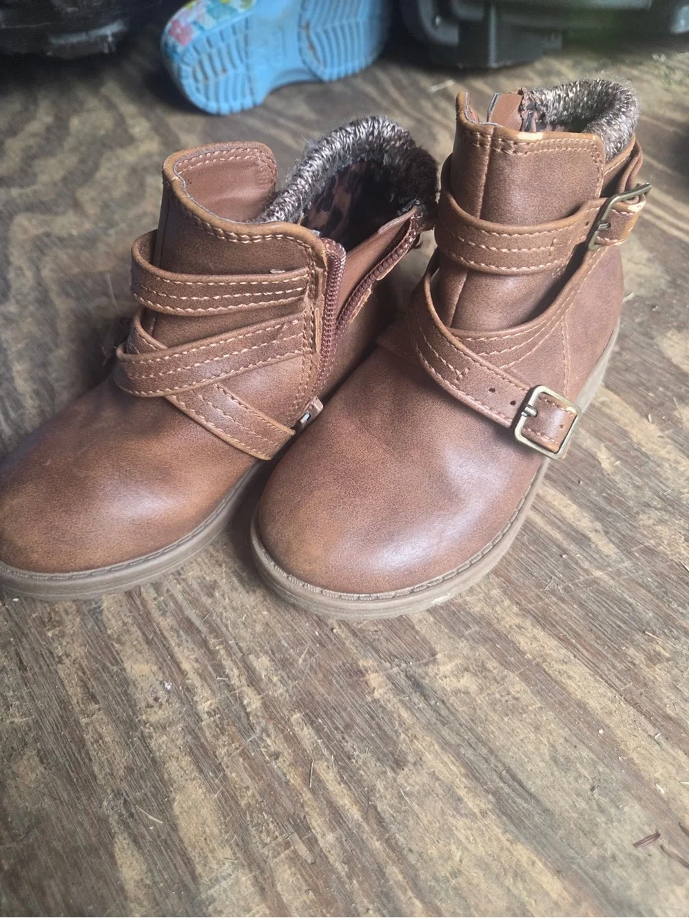 wonder nation Brown Faux-Leather Kids Ankle Boots with Buckle